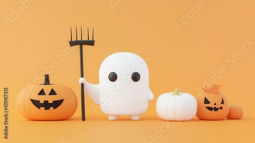 Tiny ghost in a devil costume positioned in the top left corner, holding a pitchfork, with a smooth gradient orange background   for spooky yet fun Halloween art photo