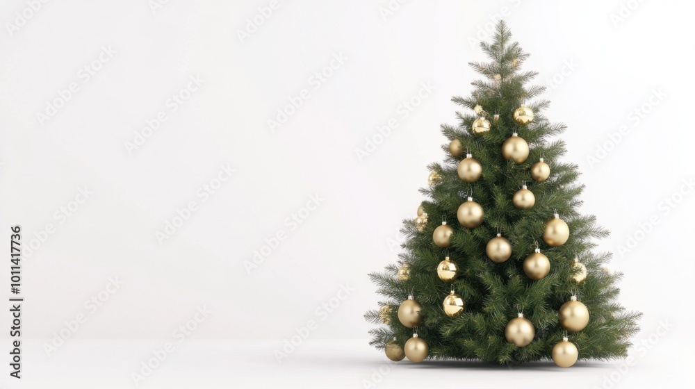 A decorated Christmas tree with golden ornaments on a clean white background. A decorated Christmas tree with golden ornaments on a clean white background.