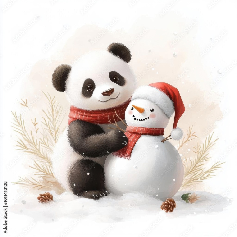 A cute panda wearing a scarf embraces a cheerful snowman with a red hat in a snowy winter scene. A cute panda wearing a scarf embraces a cheerful snowman with a red hat in a snowy winter scene.