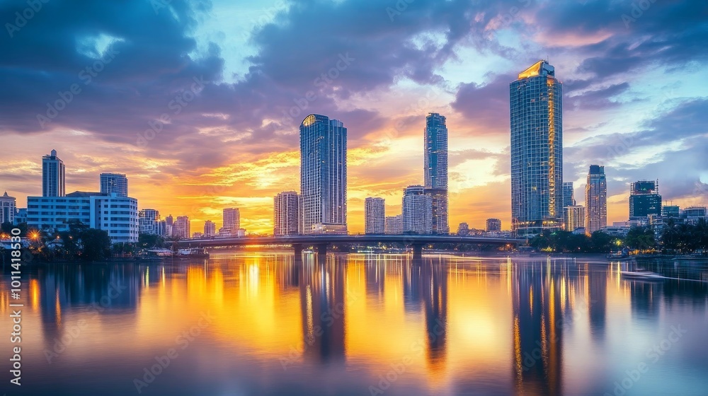 A cityscape with tall buildings reflecting in the water at sunset. A cityscape with tall buildings reflecting in the water at sunset.