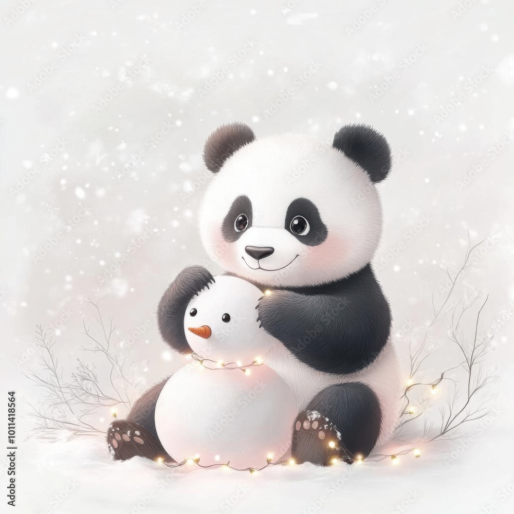 A cute panda cuddles a snowman in a snowy landscape, capturing the essence of winter joy and childlike wonder. A cute panda cuddles a snowman in a snowy landscape, capturing the essence of winter joy and childlike wonder.