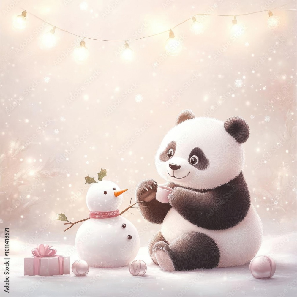 A cute panda enjoys a magical winter moment, playing with a snowman amidst festive lights and decorations. A cute panda enjoys a magical winter moment, playing with a snowman amidst festive lights and decorations.