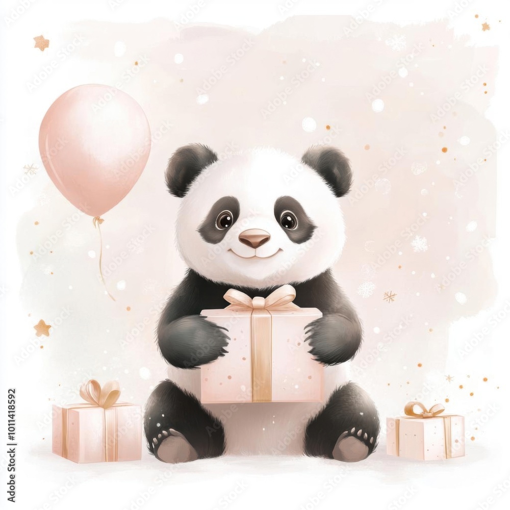 Cute panda holding a gift with a balloon. Perfect for celebrations, birthdays, or kid-themed designs. Cute panda holding a gift with a balloon. Perfect for celebrations, birthdays, or kid-themed designs.