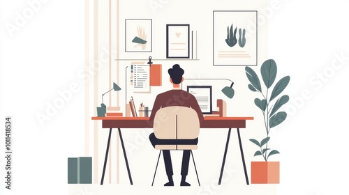 Professional businessperson working remotely from a stylish home office, with natural light, plants, and modern furniture creating a serene atmosphere.