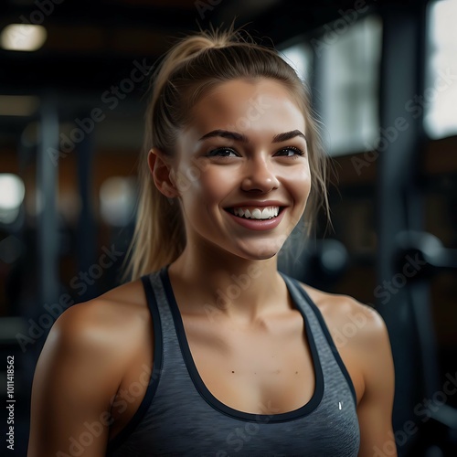Smiling young athletic woman in grey sports bra at gym, fitness portrait, healthy lifestyle Free Download Smiling young athletic woman in grey sports bra at gym, fitness portrait, healthy lifestyle - GFXLoad