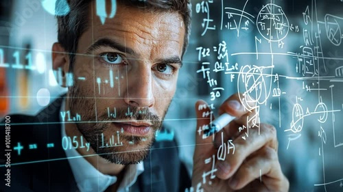 A focused individual analyzing complex equations and data on a transparent screen.