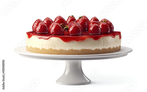 Strawberry cheesecake on white cake stand.