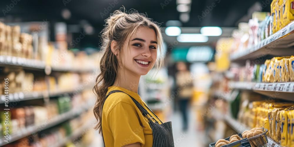 Smiling young woman shopping in a grocery store aisle, holding a basket and surrounded by shelves of products, creating a bright and casual shopping experience Smiling young woman shopping in a grocery store aisle, holding a basket and surrounded by shelves of products, creating a bright and casual shopping experience