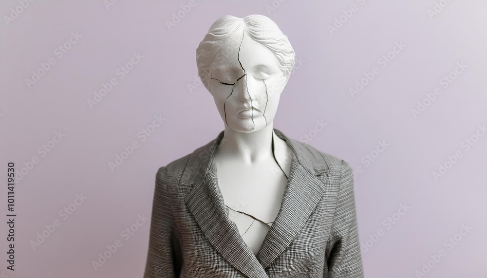 Fashion surreal Concept. Closeup portrait of cracked porcelain plaster cement figure statue sculpture woman in tears destroyed