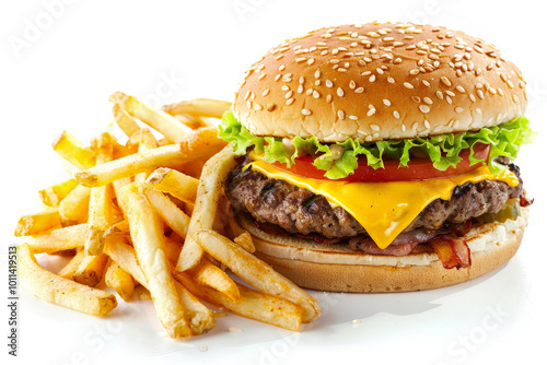 Tasty burger with crispy French fries isolated on white background. Fresh fast food meall