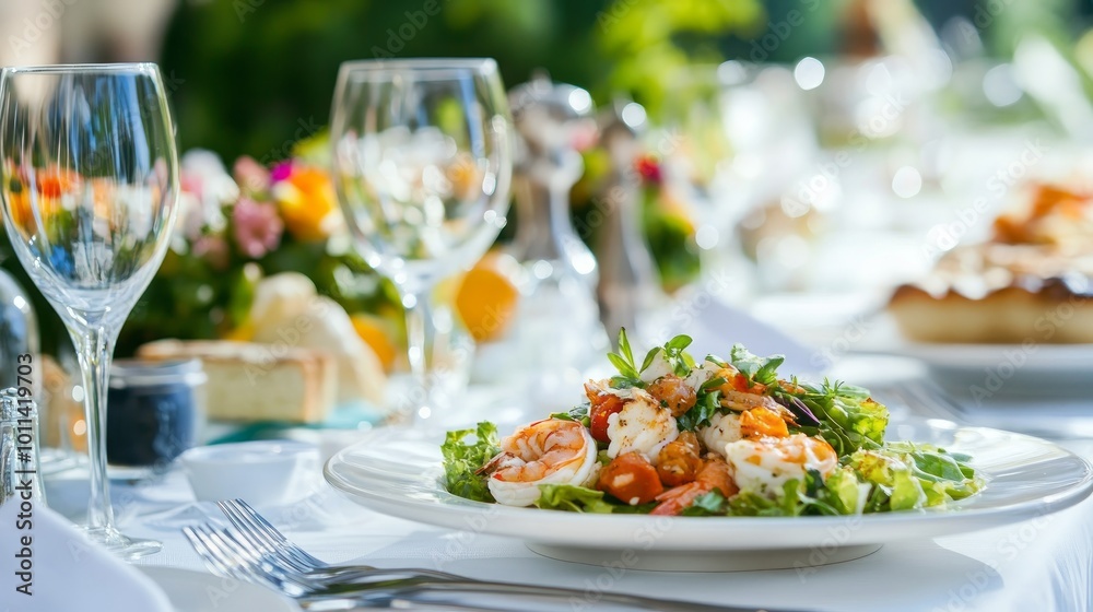 A close-up shot of a shrimp salad on a white plate on a table with white tablecloth and wine glasses. A close-up shot of a shrimp salad on a white plate on a table with white tablecloth and wine glasses.