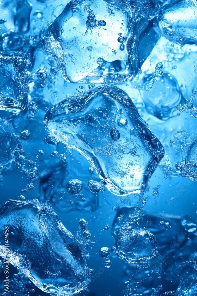 Ice Cubes, Cold Drink. Refreshing Texture of Ice Cubes in Water. Abstract Background,