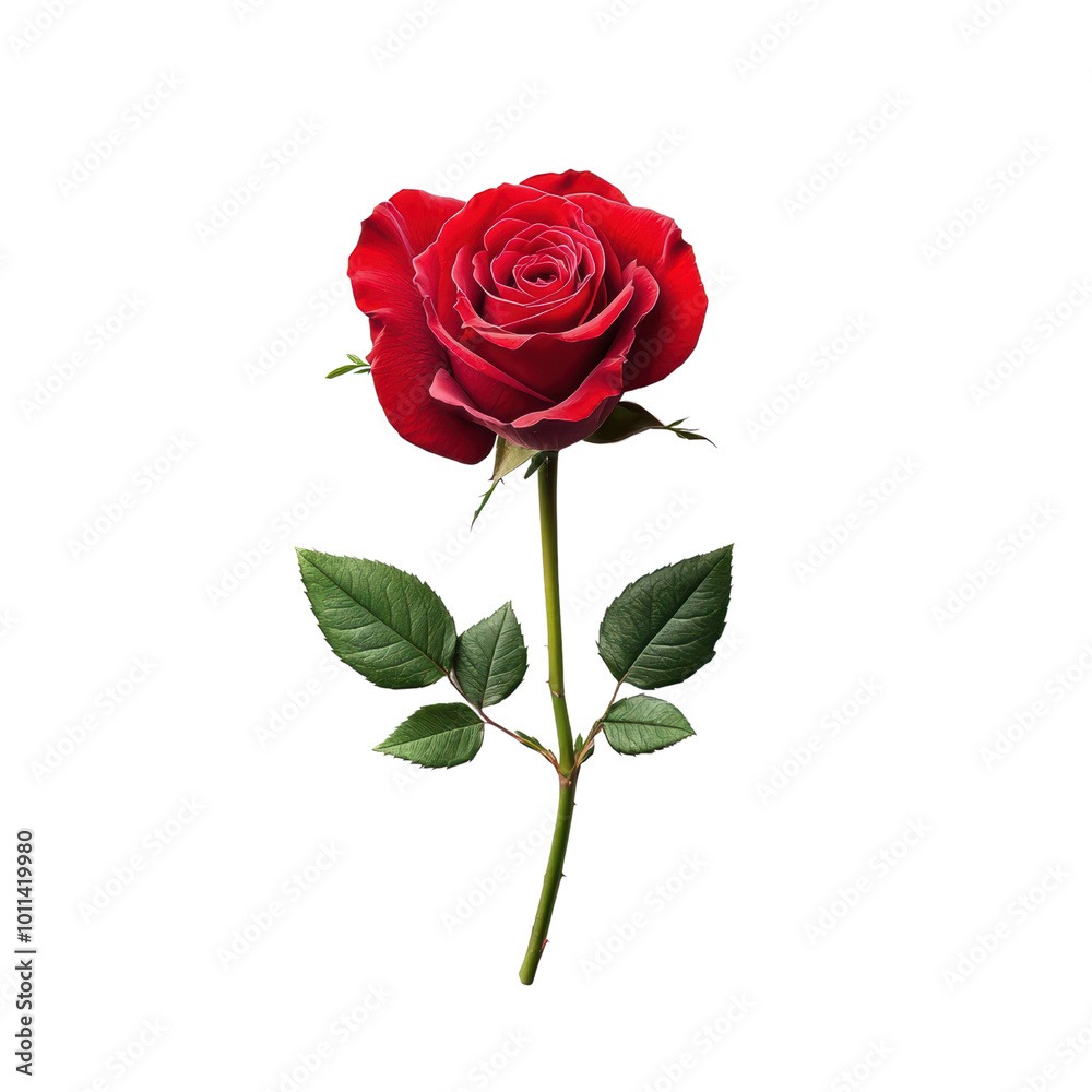 Elegant red rose with lush green leaves on transparent background Elegant red rose with lush green leaves on transparent background