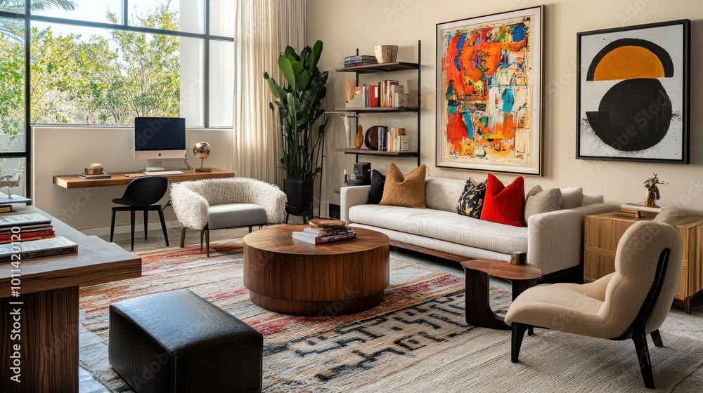 Obraz premium Modern living room featuring stylish furniture and vibrant artwork.