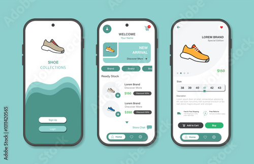 Online shoe store design for mobile applications. Shoe purchasing platform screen. Graphical user interface for responsive mobile applications