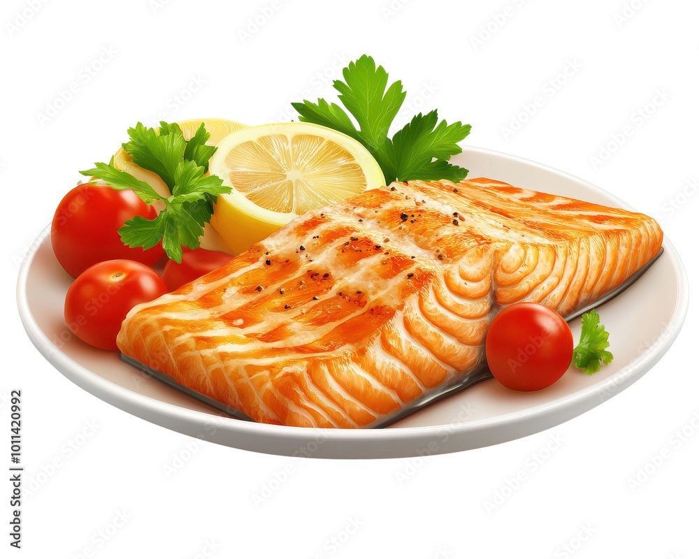 Salmon fillet with lemon and vegetables on a white plate. Salmon fillet with lemon and vegetables on a white plate.