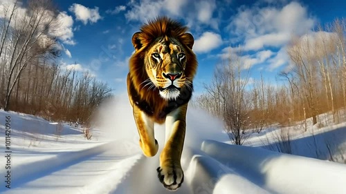 A lion charges through a snowy landscape under a bright blue sky with fluffy clouds.