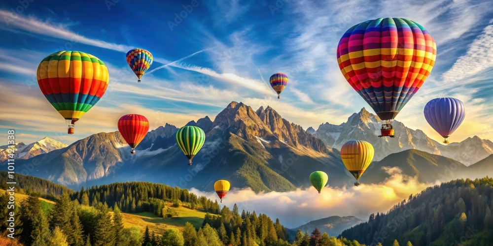 Obraz premium Vibrant hot air balloons soar over picturesque mountain landscape on sunny day