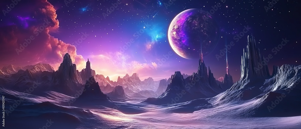 Fantasy landscape with a purple moon