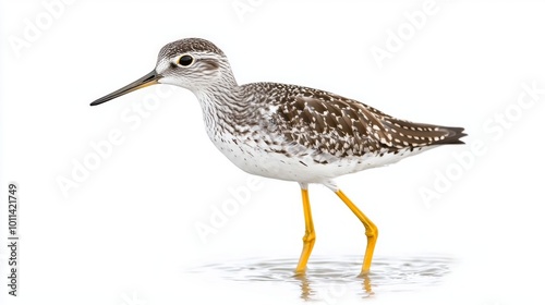 In shallow water, a lesser yellowlegs stands poised, showcasing its long legs and slender beak against a serene white background, embodying elegance and beauty in nature.