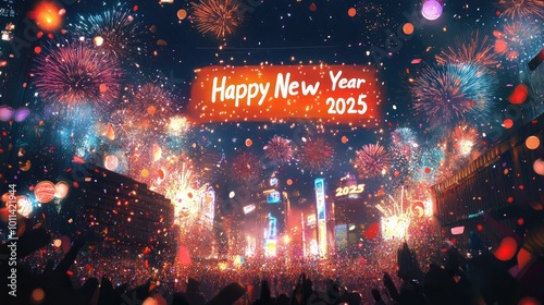 A bright "Happy New Year 2025" banner shines across the night sky, with fireworks and confetti filling the scene, celebrating the arrival of the new year.