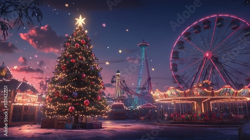 A Christmas tree adorned with lights and ornaments sits in an amusement park. In the distance, a Ferris wheel glows brightly, while a colorful carousel spins joyfully nearby.