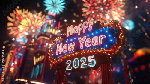 A colorful "Happy New Year 2025" sign sparkles with fireworks exploding in the background, setting the stage for a fun and exciting New Year's celebration.