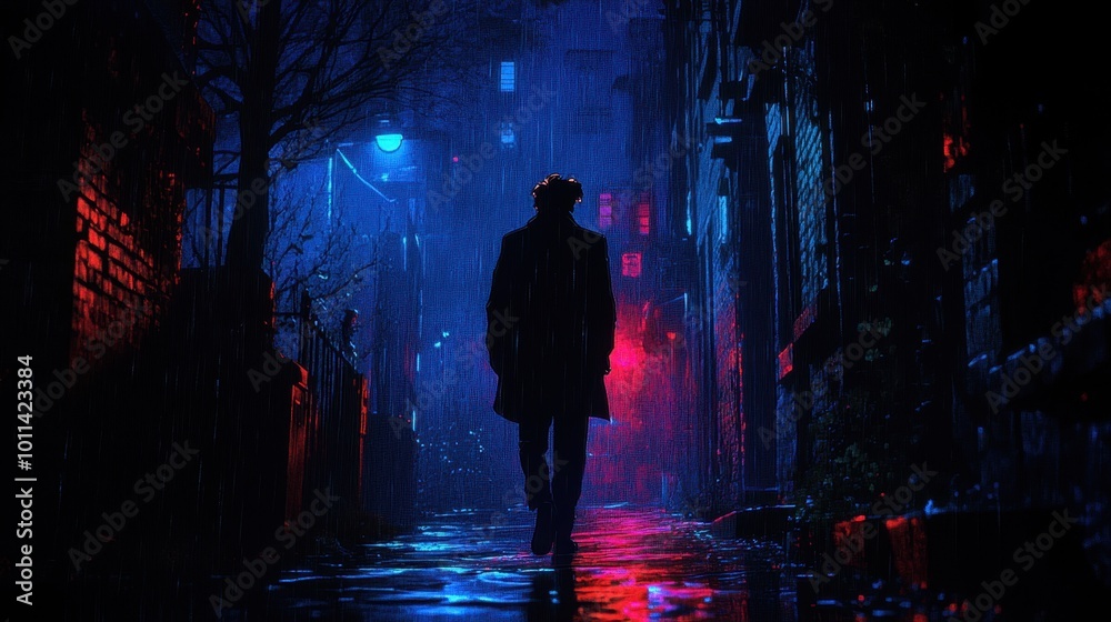 A cartoon character walking down a dark alley, with mysterious shadows following close behind A cartoon character walking down a dark alley, with mysterious shadows following close behind