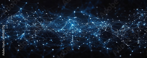 Dark blue digital background showcasing a complex network of interconnected nodes and lines illustrating data connections