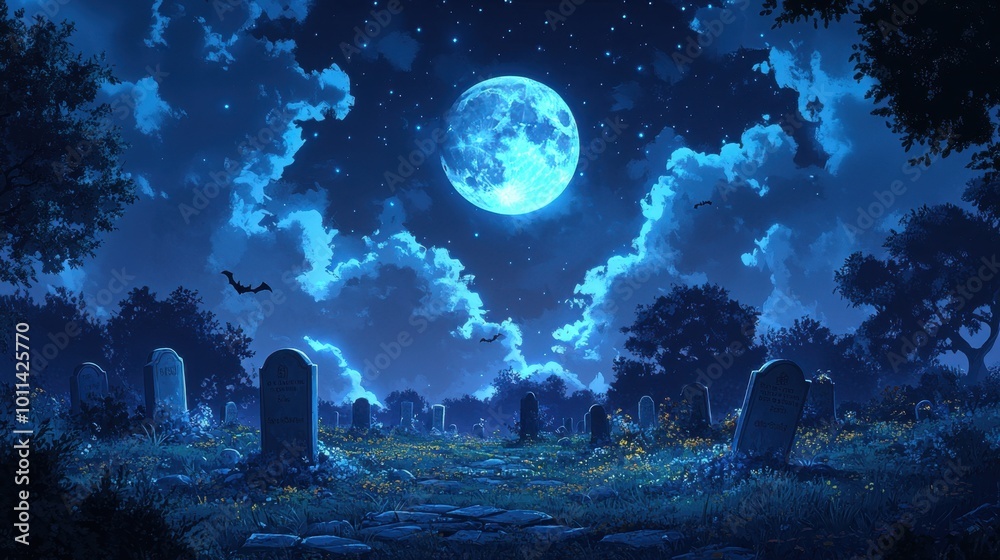 A cartoon graveyard scene at midnight, A cartoon graveyard scene at midnight,