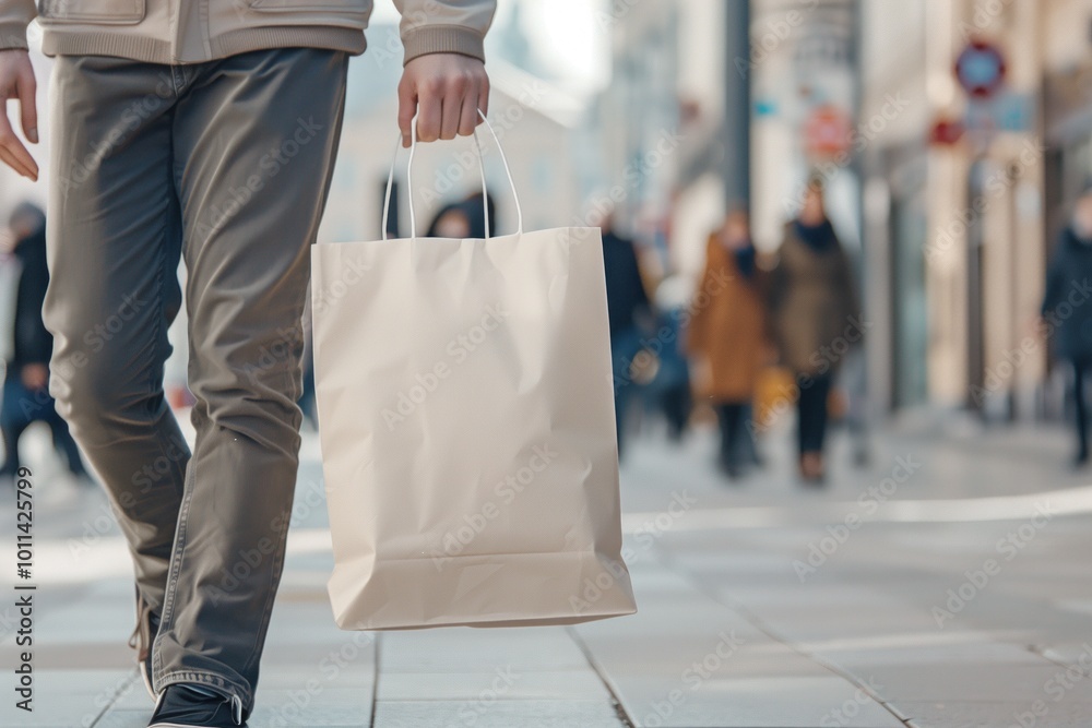 Obraz premium Close-up of shopper walking with white paper bag on busy urban street.