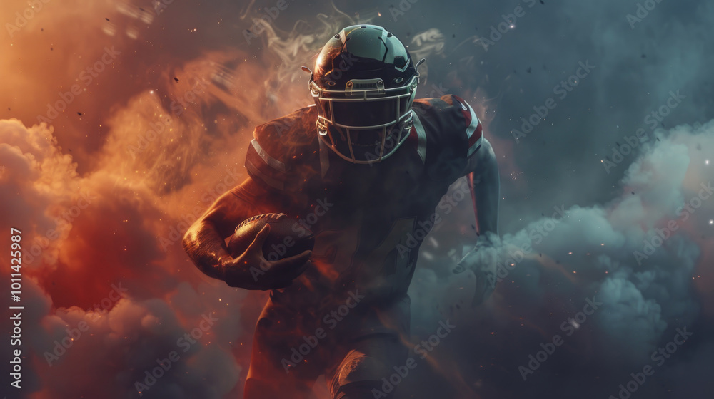 Dynamic football player charging through smoky sunset scene. Dynamic football player charging through smoky sunset scene.
