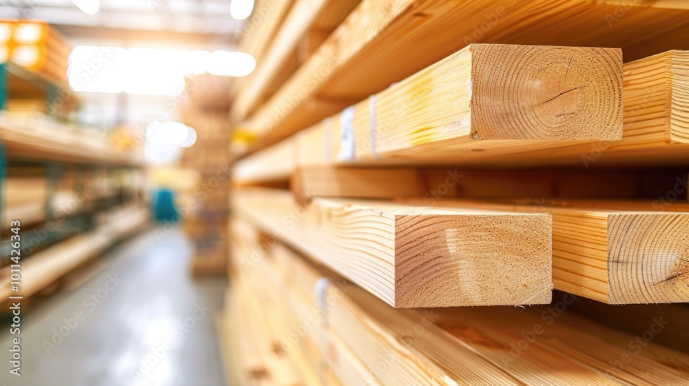 Stack of wooden planks in lumber warehouse for construction and carpentry projects. Stack of wooden planks in lumber warehouse for construction and carpentry projects.