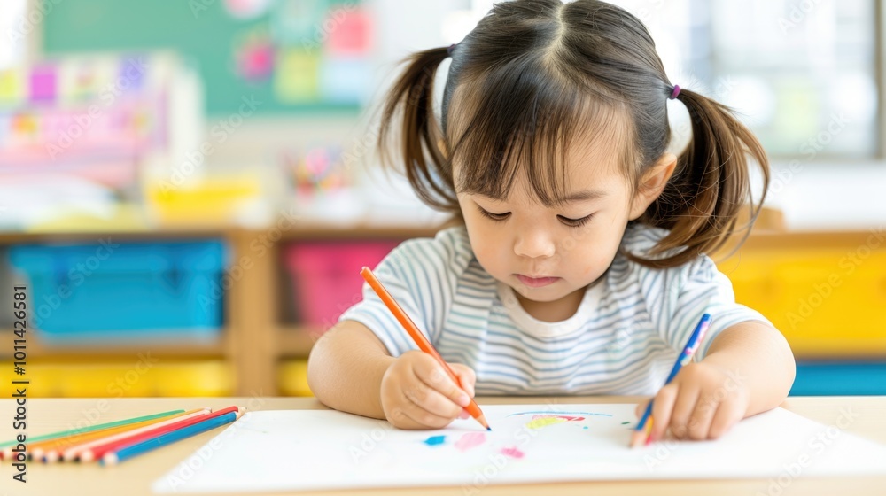 Young girl concentrating on coloring with pencils in school classroom. Young girl concentrating on coloring with pencils in school classroom.
