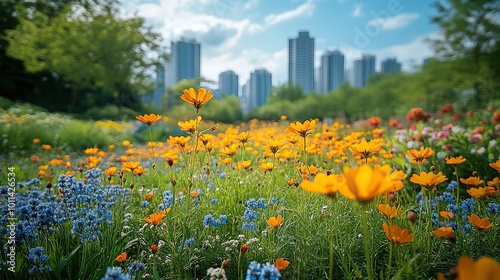 a lush urban green space flourishes with vibrant wildflowers showcasing biodiversity amidst the concrete jungle of bustling city center