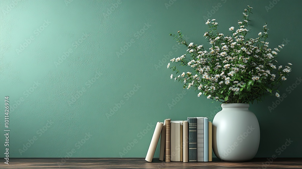 a minimalist green wall with white cabinet books ,vase of flowers symbolizing simplicity ,tranquility a minimalist green wall with white cabinet books ,vase of flowers symbolizing simplicity ,tranquility