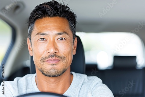 Confident man driving car with focused expression in bright daylight