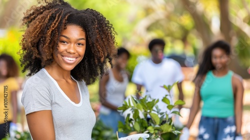 Smiling woman with friends volunteering in community garden. photo