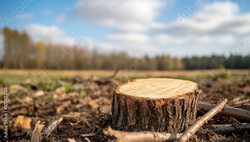 A close-up of a tree stump in a serene, open landscape.