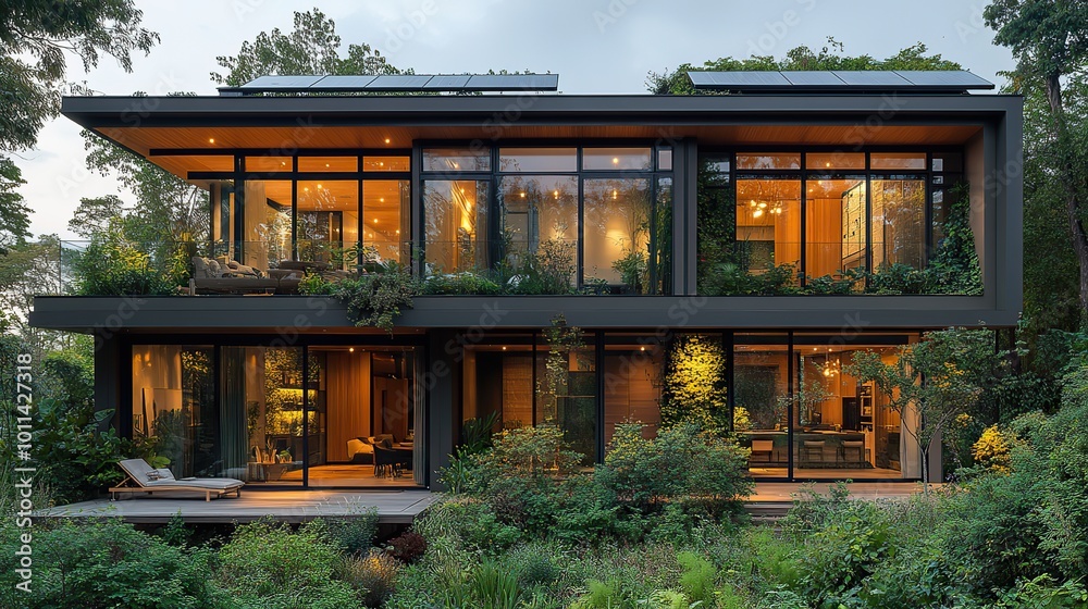 a modern eco friendly house with solar panels on the roof surrounded by lush greenery exemplifying sustainable living ,energy efficiency in architecture a modern eco friendly house with solar panels on the roof surrounded by lush greenery exemplifying sustainable living ,energy efficiency in architecture