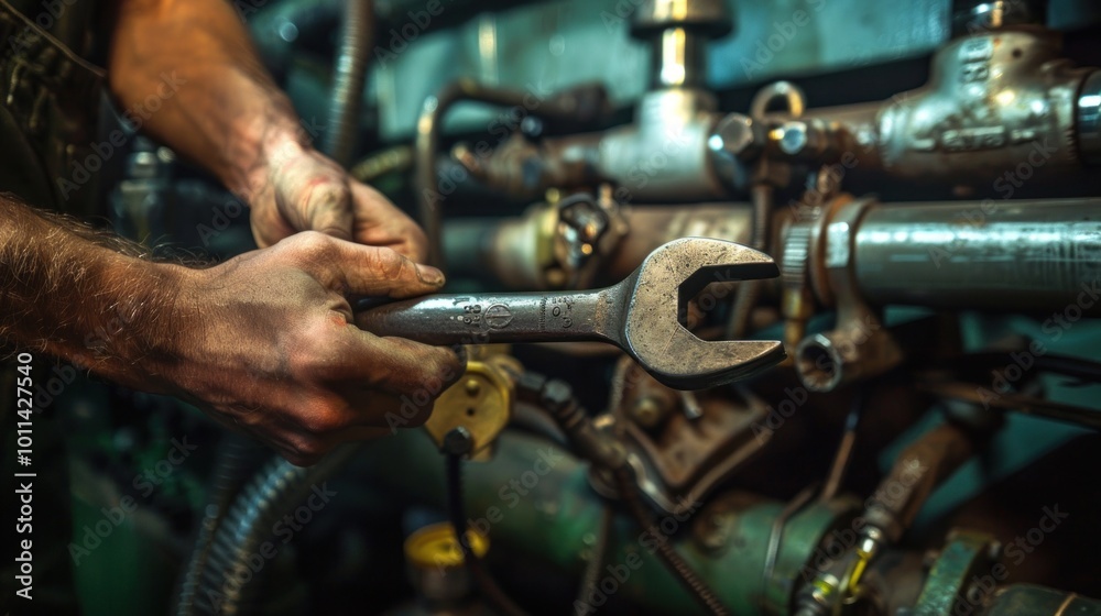 Fototapeta premium Mechanic holding wrench adjusting engine pipes in industrial setting.