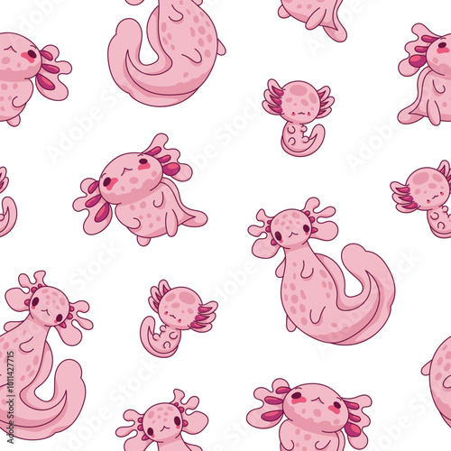 Cute axolotl character. Seamless pattern. Kawaii ambystoma amphibian different poses. Vector drawing. Design ornaments.