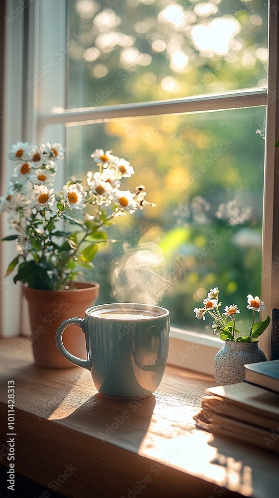 Fototapeta premium A steaming cup of coffee on a windowsill; surrounded by daisies and sunlight streaming through the window. Generated AI.