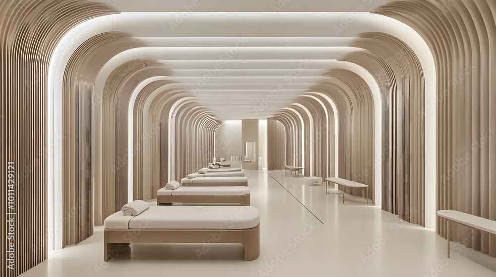 Minimalist Spa Interior Design with Curved Wooden Walls Minimalist Spa Interior Design with Curved Wooden Walls