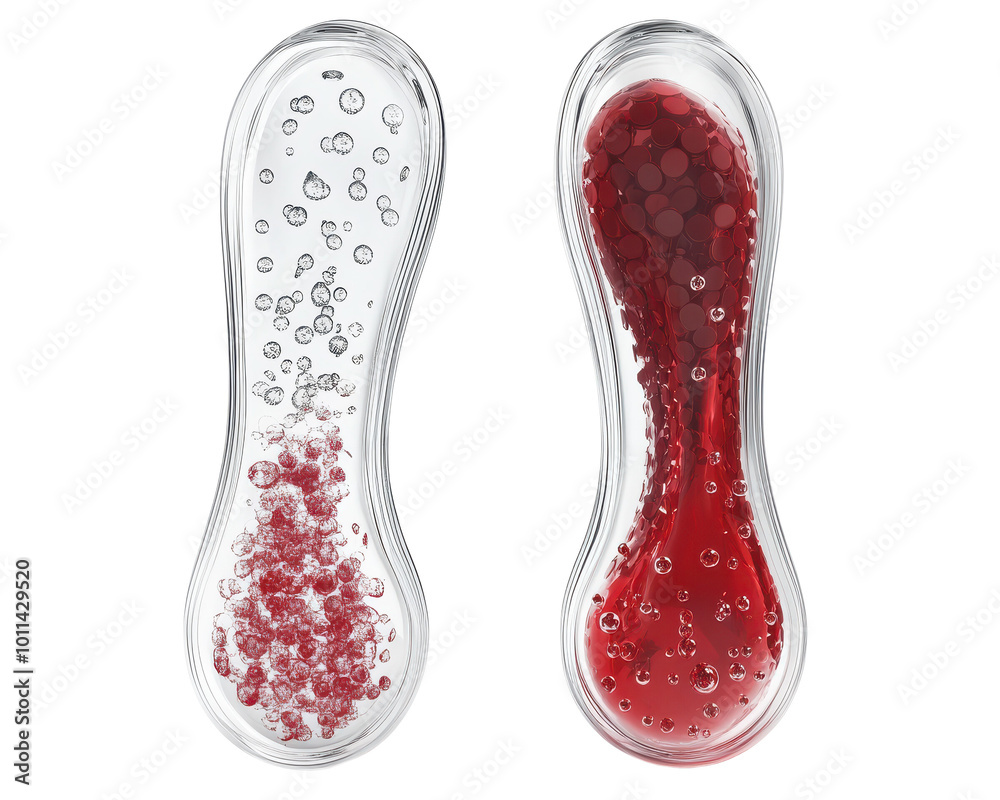 Two liquid-filled clear structures with bubbles, white background. Two liquid-filled clear structures with bubbles, white background.
