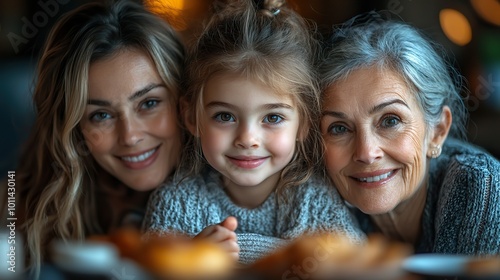 a portrait of small girl with mother ,grandmother at the table at home