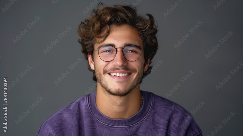 portrait of a happy young man with glasses wearing a purple sweatshirt smiling at the camera against a gray background, portrait of a happy young man with glasses wearing a purple sweatshirt smiling at the camera against a gray background,