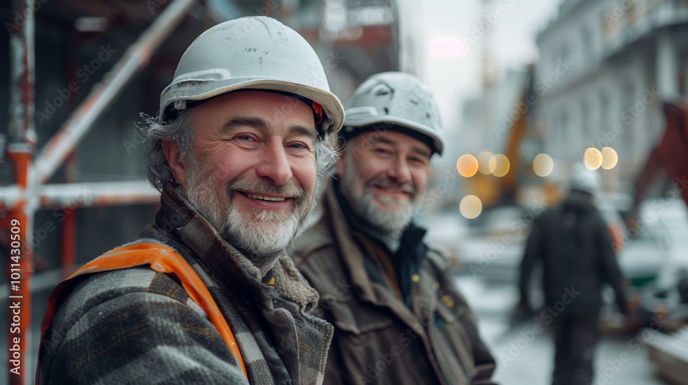 Smiling middle-aged men in workwear and white hard hats, standing next to each other smiling at the camera with construction workers behind them