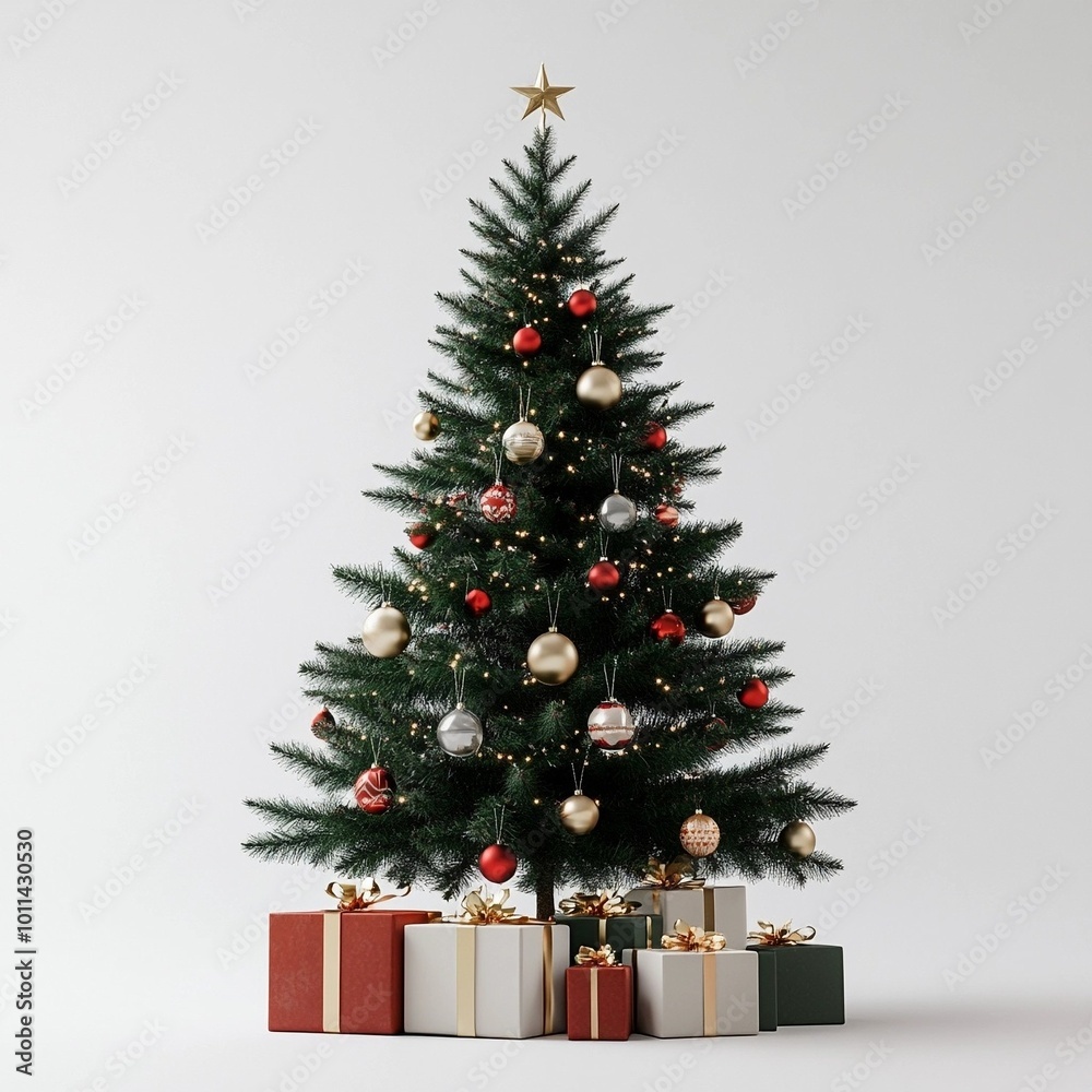 Beautiful christmas tree decorated with ornaments and gifts on white background Beautiful christmas tree decorated with ornaments and gifts on white background