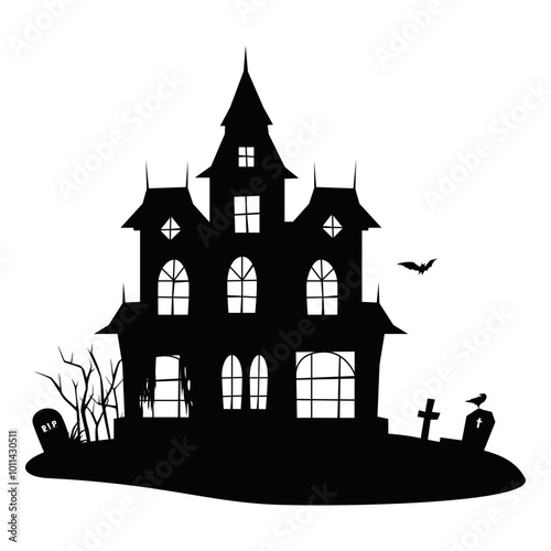 A silhouette of a haunted house with tombstones and bats, located on the outskirts and instilling horror and awe